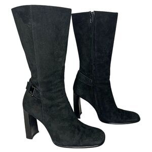 Gucci Black Suede Mid-Calf Boot Size 37.5 C US 7.5 C Block Heel Shoes Square Toe